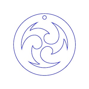 May include: A blue circular design with a stylized, three-pointed star shape inside.