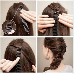 May include: A step-by-step guide on how to use a black hair braiding tool. The tool is a long, wavy plastic device used to create a braided hairstyle. The images show the tool being used on brown hair to create a French braid.