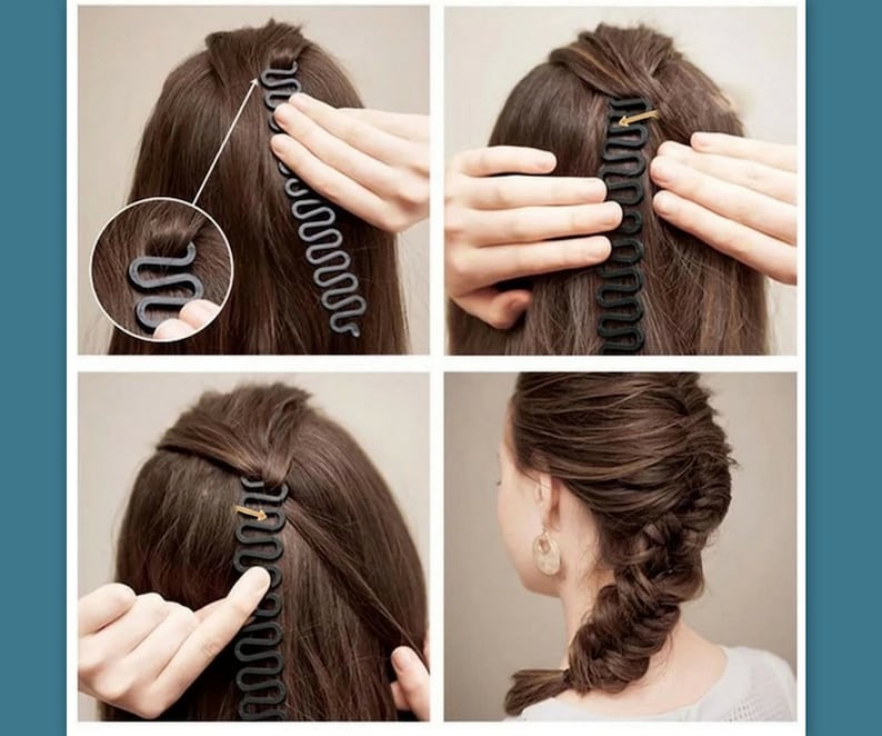 May include: A step-by-step guide on how to use a black hair braiding tool. The tool is a long, wavy plastic device used to create a braided hairstyle. The images show the tool being used on brown hair to create a French braid.