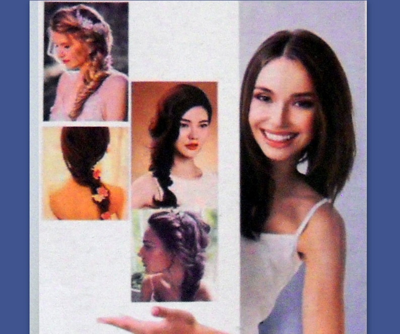 May include: A magazine page featuring various braided hairstyles. The image includes close-up shots of different braid styles, showcasing intricate designs and floral accents. A woman with long brown hair smiles on the right side of the page.