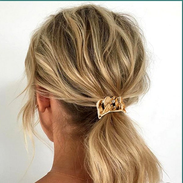 Minimalistic gold chain Ponytail holder hair cuff Decorative bling accent Round Elastic Tie Women Girls holder cuff metallic accessories