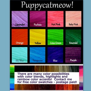 May include: A color chart with 12 different hair colors, including lavender, fuchsia, hot pink, baby pink, orange, yellow, lime green, emerald, sky blue, turquoise, blue, and purple. The chart is labeled "Puppycatmeow!" and includes the text "There are many color possibilities with color blends, highlights and rainbow color accents! Contact me for free color swatches - postage paid!"