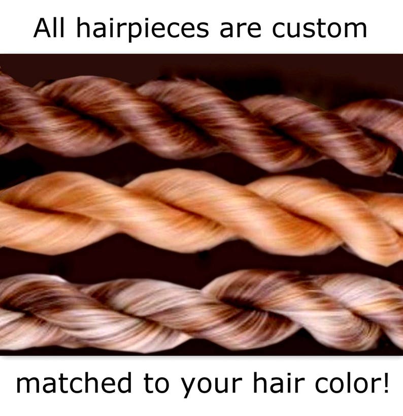 May include: Three strands of hair extensions in different shades of brown, blonde, and light brown. The text "All hairpieces are custom matched to your hair color!" is at the bottom of the image.