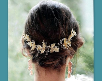 Wedding hair accessory for bride pearl gold leaf Hair Vine comb Bridal bridesmaid Laurel Boho Headpiece Ivy Woodland leaves crown tiara