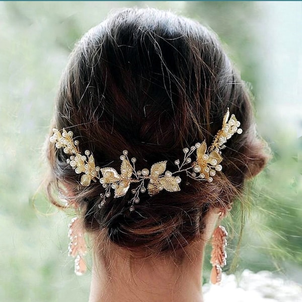 Wedding hair accessory for bride pearl gold leaf Hair Vine comb Bridal bridesmaid Laurel Boho Headpiece Ivy Woodland leaves crown tiara