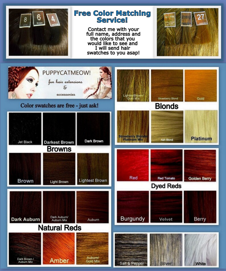 May include: A chart of hair colors with names and descriptions. The colors are organized into categories: Browns, Blonds, Dyed Reds, Natural Reds. The chart includes colors like Jet Black, Darkest Brown, Dark Brown, Strawberry Blonde, Platinum Mix, Ash Blond, Platinum, Red, Red Tomato, Golden Berry, Dark Auburn, Auburn, Burgundy, Velvet, Berry, Amber, Auburn/Gold Mix, Salt & Pepper, Silver, and White.