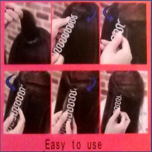May include: A step-by-step guide on how to use a hair styling tool. The tool is a white, wavy, plastic device. The images show the tool being used on dark hair. The text "Easy to use" is at the bottom of the image.