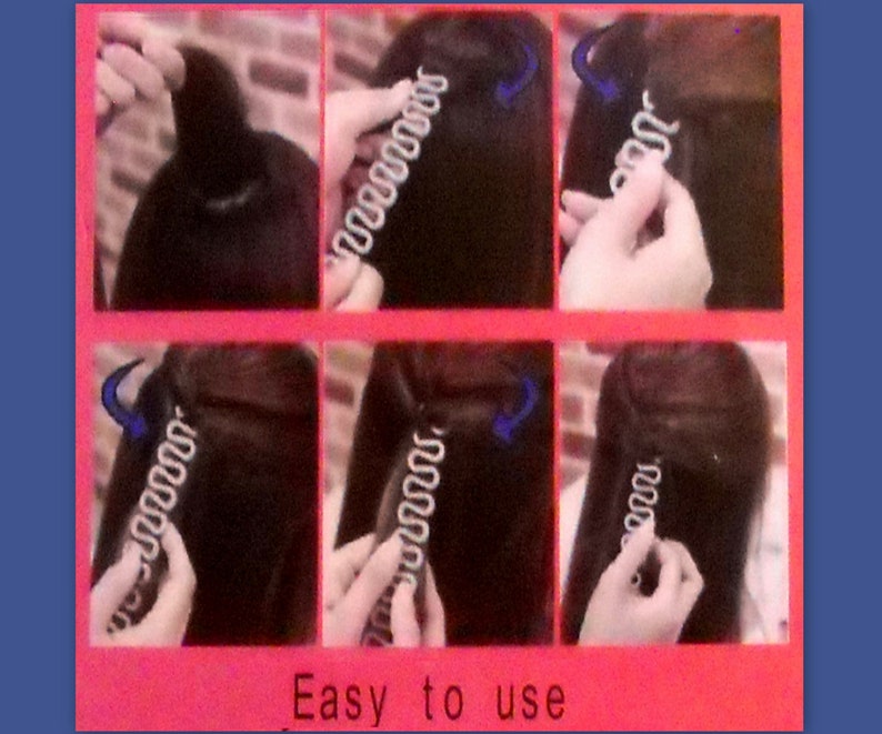 May include: A step-by-step guide on how to use a hair styling tool. The tool is a white, wavy, plastic device. The images show the tool being used on dark hair. The text "Easy to use" is at the bottom of the image.