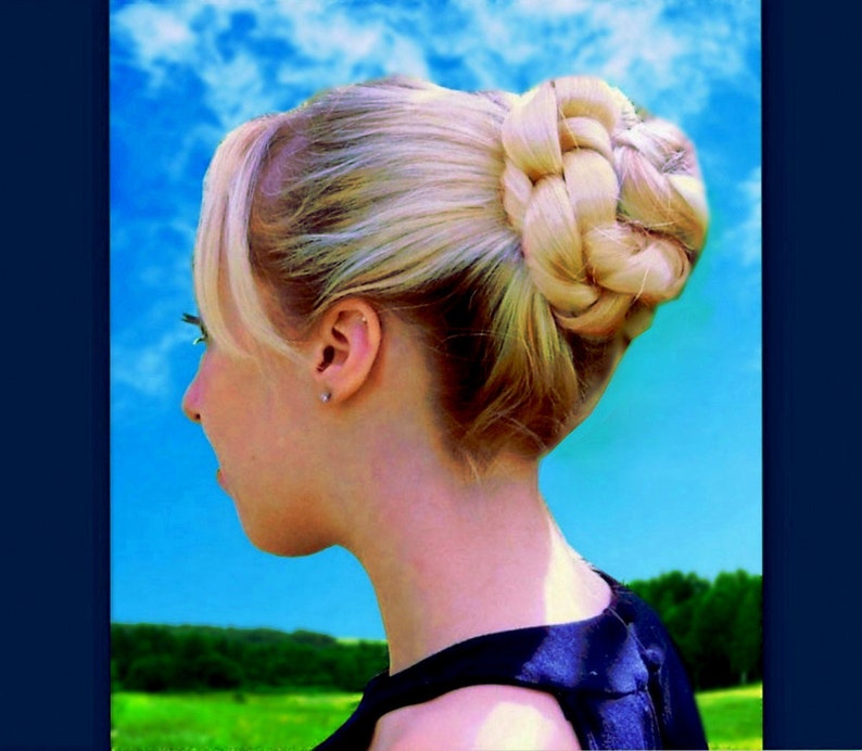May include: A woman with blonde hair styled in a braided bun. She is wearing a black sleeveless dress and looking off to the side. The background is a blue sky with white clouds.