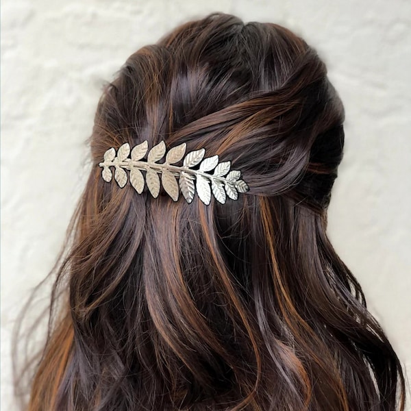 Greek-Roman Silver Leaf French barrette Hair Clip Grecian Style Bridal Wedding Hair Clip Hair Accessory Hair Bridal Women Gift Minimalist