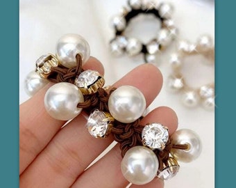 Pearl Rhinestone Crystal Scrunchie Large Pearl Hair Accessory Ponytail Tie Hair Tie Pony tail holders Hair Accessories Pearl Beaded elastic