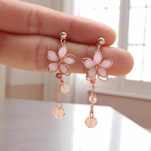 Flower Earrings Dainty Tassel Earrings Floral Cherry Blossom Dangle Earrings Gold Crystal Earrings Japanese Spring Earrings Gift for Her