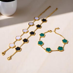 Four leaf Clover Bracelet Gold Plated Charm Bracelet Motif Clover Bracelet Floral Mother of Pearl Chain Adjustable Bracelet For Women