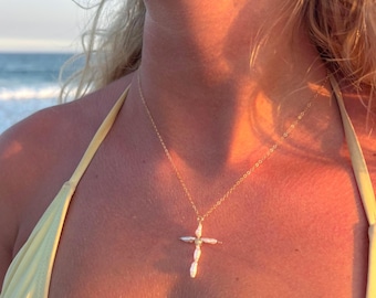 Gold Filled Waterproof Dainty Pearl Cross Necklace | Handmade Freshwater Pearl Pendant | Coastal Faith Aesthetic