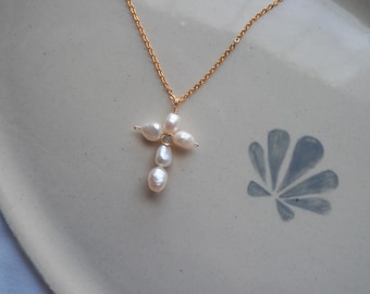 Water-Resistant Gold Plated Pearl Cross Pendant Necklace Gold | Handmade Freshwater Pearl Pendant | Dainty Faith Necklace | Coastal Jewelry
