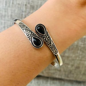 Adjustable Steel Bracelet, Black Stone Detail