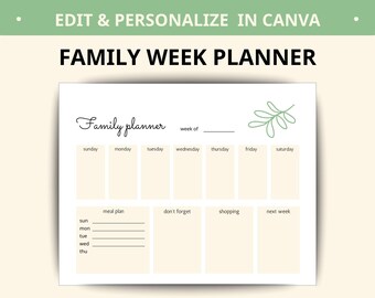 Agenda familial hebdomadaire imprimable MODIFIABLE - Modèle d'agenda CANVA - Personnalisé pour la famille / Calendrier hebdomadaire - Téléchargement numérique