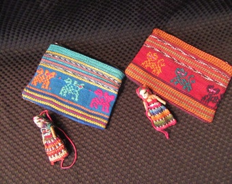 Two Guatemalan Coin Purses - Best Friends - Kitty Cat Design - Dolls Included