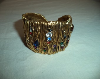 Vintage Chunky Gold Brass Sweet Colored Rhinestone Accented Cuff Bracelet