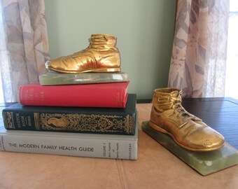 Bronzed Baby Shoes Bookends - Vintage - Mounted on Jade Stone - Felt Bottoms