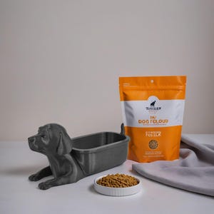 Puede incluir: Un cuenco gris en forma de perro con una bolsa de comida seca para perros etiquetada como "Tavellen Dry Dog Food" en un paquete naranja y blanco. La bolsa tiene una imagen de un perro y las palabras "Enriquecido con FOS & L-Lysine".
