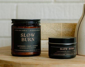 Slow Burn Romance Candle, Lavender Sage Scented, Bookish Soy Candle