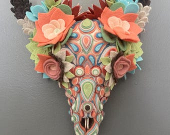 Cow Skull Fiber Art Assemblage Sculpture