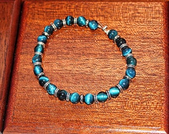 Blue Tiger Eye Bead Stretch Bracelet, custom sizing available
