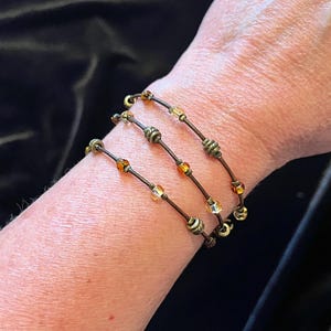 Triple Wrap Brown Leather Cord Bracelet with Bronze and Antique Gold Glass Beads, Custom Lengths available
