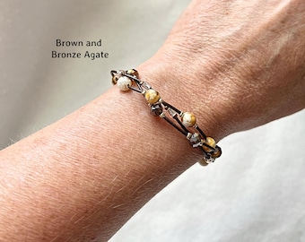 Tri Braid Bracelets with leather cords, rose gold, red/silver, green/grey, maroon, purple, smoke blue, brown/bronze agate, custom sizing