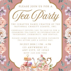 Tea Party Invitation National Charity League Custom Elegant Design, Printable