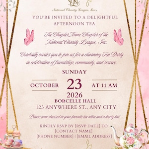 Tea Party Invitation National Charity League Custom Elegant Design, Printable