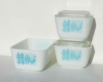 Vintage 60s Pyrex Amish Butterprint Refrigerator Dish Set 501 & 502 Turquoise Enamel