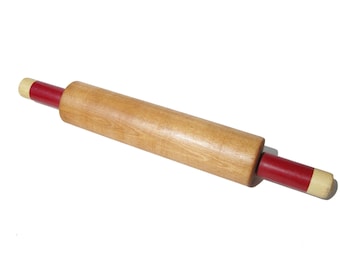 Vintage 50s Wooden Rolling Pin Red & White Handles – 16.5 Inches