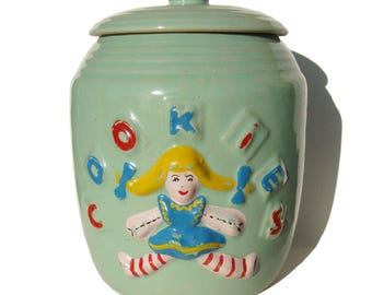 Vintage 40s Goldilocks Green Cookie Jar American Bisque Co.