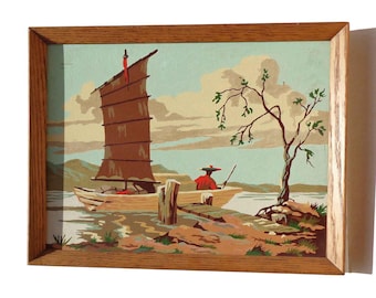 Vintage Paint by Number Asian Boat Scenic Midcentury Painting