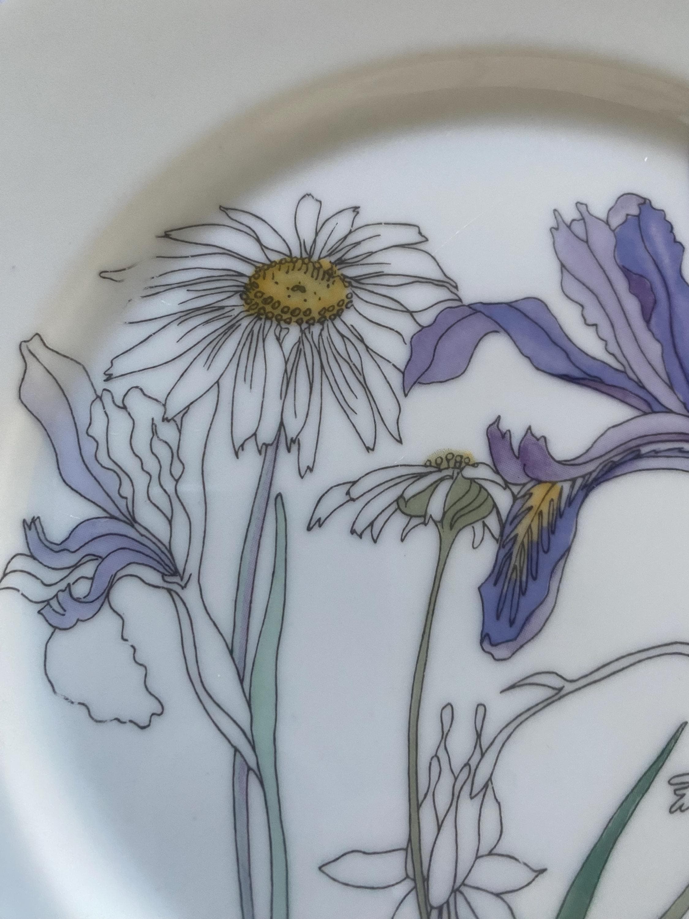 Sets von 2 Dessertteller Iris und Gänseblümchen 20 cm botanisch, Block Spal aus Portugal, schöne weiche Farben und Design, einfach zu koordinieren