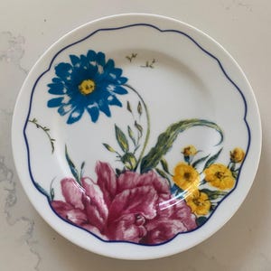 Blå prästkragesalladstallrikar i Anthropologie, roliga, djärva färger, lätta att matcha med befintliga porslinsprodukter.