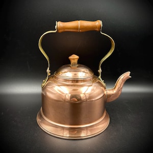 Vintage Tea Pot: Copper & Brass with Aluminum Interior, Wood Handle, Tea Kettle, Made in Taiwan