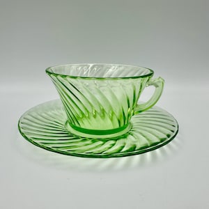 Vintage Green Uranium Depression Glass | Cup and Saucer Set | Spiral Pattern | Hocking Glass Company | 1920&#39;s-1930&#39;s