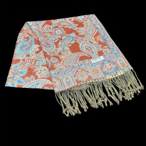 Vintage Pashmina Silk Scarf | Orange Blue Paisley Shawl