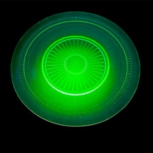 Vintage Green Uranium Depression Glass | 11.25&quot; Serving Platter | Glowing Glass | Roulette | Hocking Glass Company