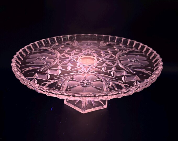 Vintage Clear Crystal 11-inch Footed Cake Stand: Selenium Glow, Etched ...