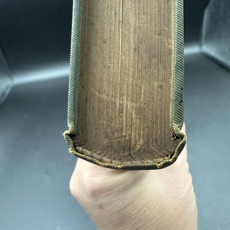 May include: Close-up of an antique book's aged pages and spine. The pages are a warm, faded brown, with visible wear and tear. The spine is a textured green with gold accents, showing signs of age and use.