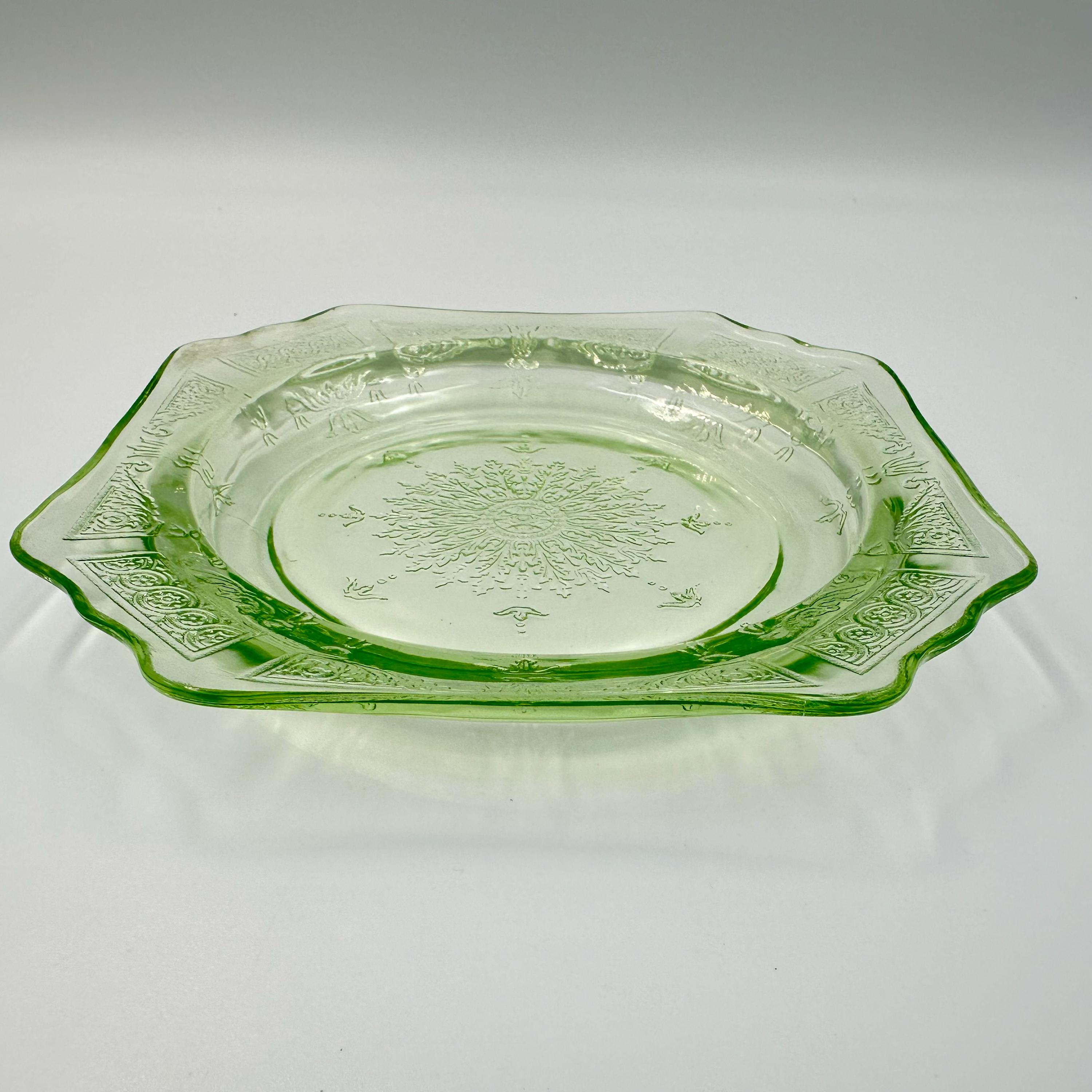 Vintage Green Uranium Depression Glass | Sherbet or Saucer Plate | PRINCESS Pattern | Glowing Glass | Hocking Glass Company | 1930's