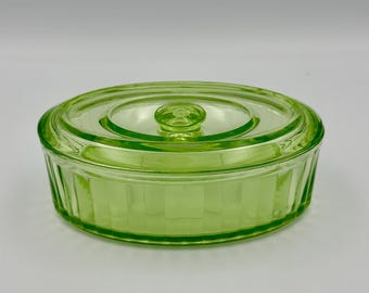 Vintage Green Uranium Depression Glass | Oval Refrigerator Dish with Lid | Anchor Hocking Glass Company | 1930's