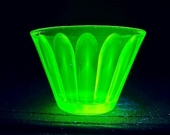 Vintage Green Uranium Depression Glass | Sherbet of Custard Dish | Ribbed or Paneled | Hazel Atlas | Glowing Glass | 1930's