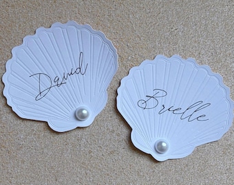 Personalisierbare debossed Seashell-Hochzeits-Tischkarten, Strand-Hochzeits-Namensschilder, Hochzeits-Gastgeschenke