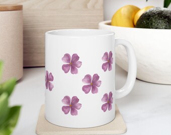 Tazza con fiore a quattro petali viola, tazza in ceramica con motivo floreale