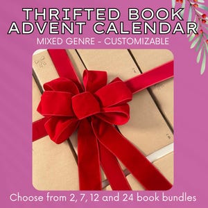 May include: A stack of wrapped books tied with a red velvet ribbon, forming an advent calendar. The books are wrapped in brown paper with numbers on them. The text on the image reads "Thrifted Book Advent Calendar, Mixed Genre - Customizable, Choose from 2, 7, 12 and 24 book bundles".